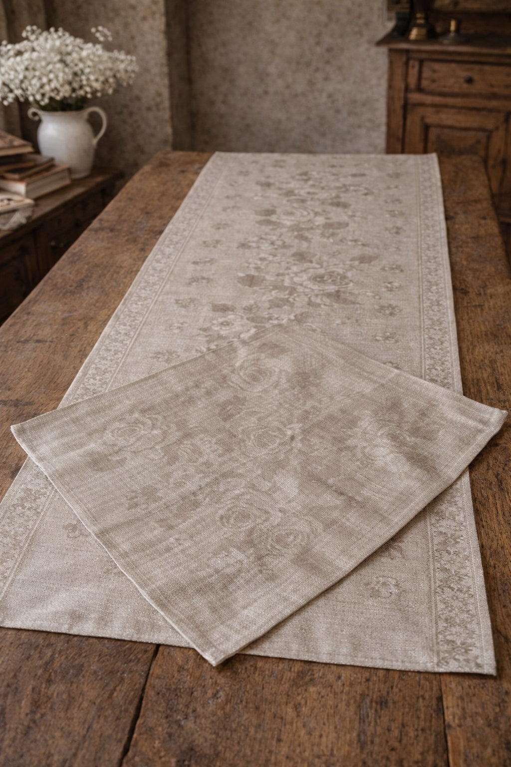 Bieżnik lniany 50x170 + 4 serwetki 45x45 komplet stołowy premium 100% LEN