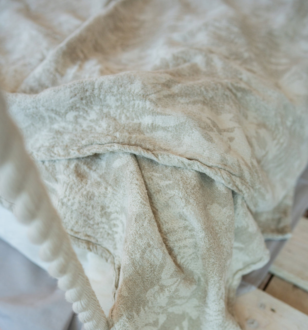 Pled lniany 200x220 Narzuta Koc 71% LEN VARABI Paproć Naturalny Beżowy Certyfikat OEKO-TEX Standard 100