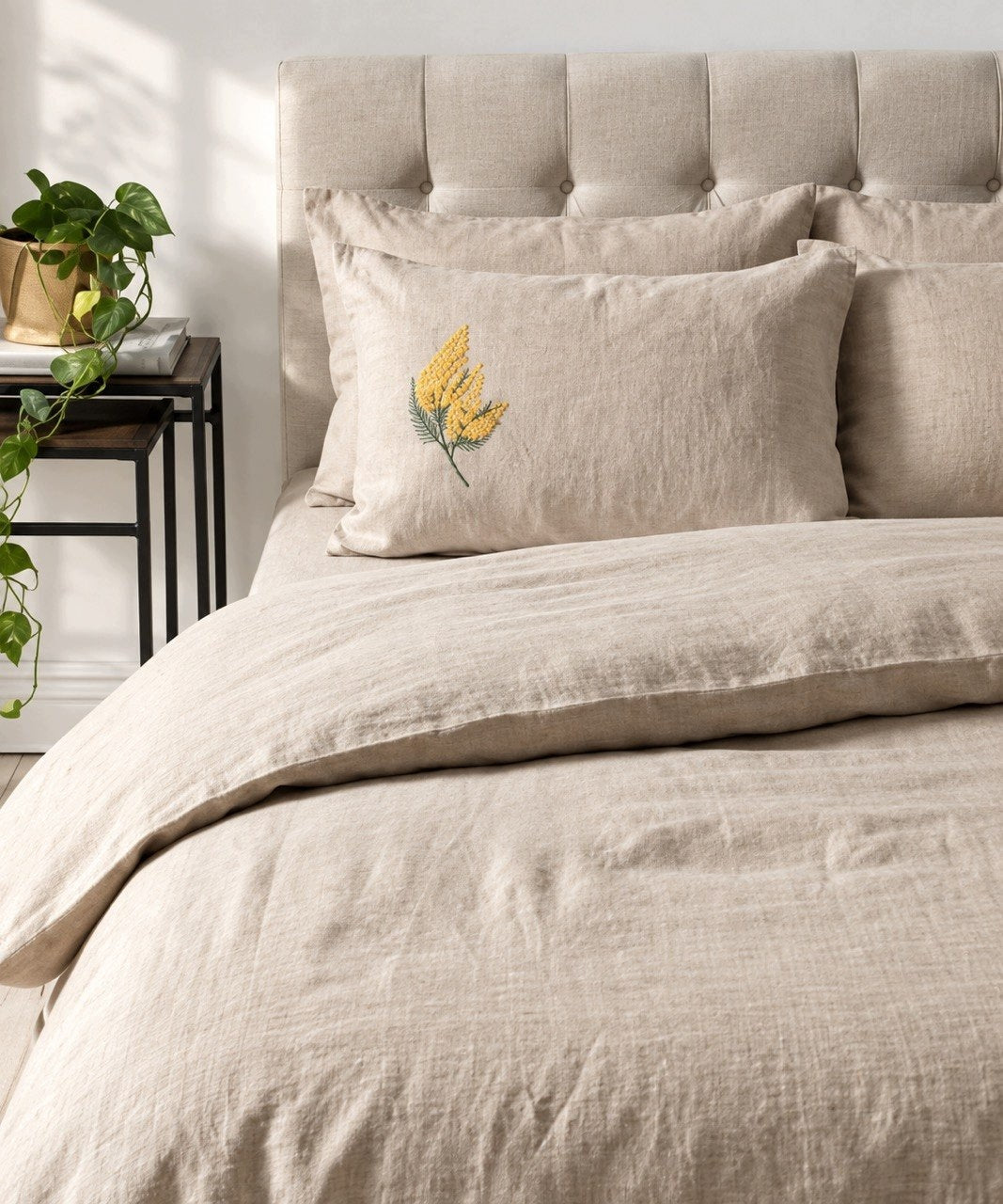 Pościel lniana 100% LEN 210x220 240x240 50x70 komplet MIMOZA haft PREMIUM