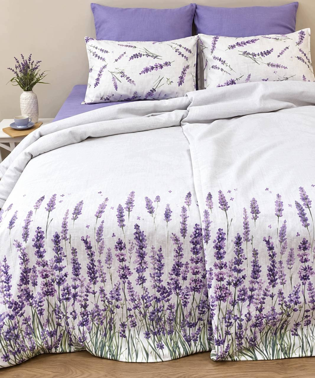 Pościel lniana EURO 100% LEN lawenda 210x220 + 4 poszewki + prześcieradło