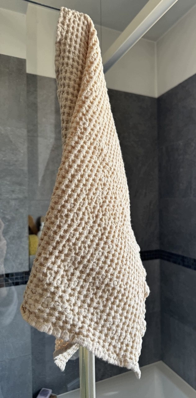 RĘCZNIK lniany 38×65 cm o strukturze plastra miodu beżowy Marka bez marki