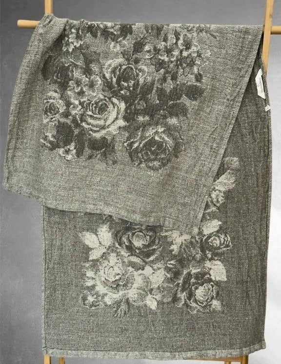 Ręcznik lniany 55x115 cm żakardowy w róże szary naturalny do SPA łazienki Kod producenta 17C356